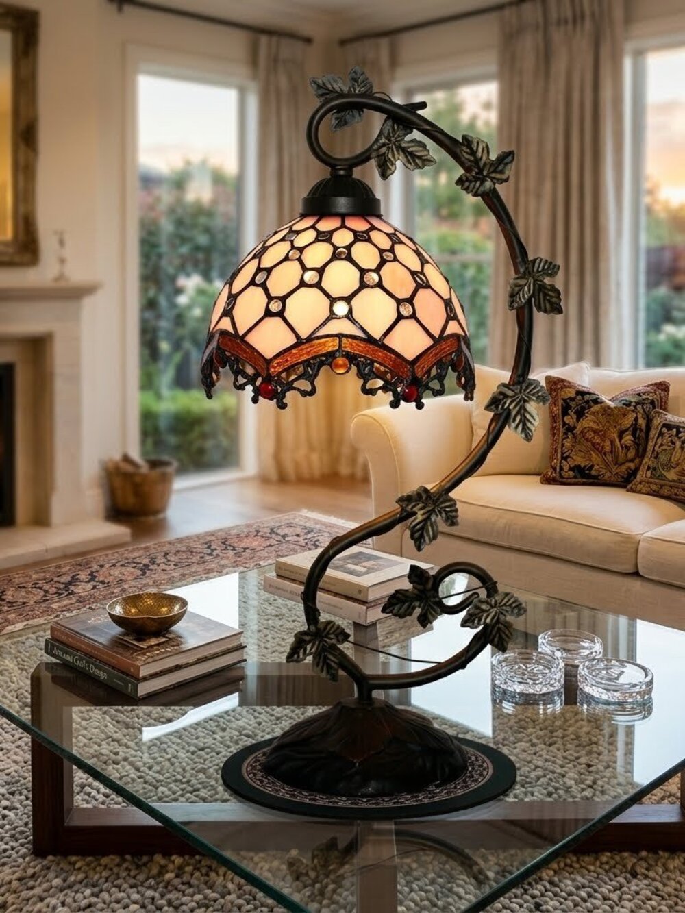 Vintage Style 20" Pink Stained Glass Tiffany Bedside Desk Reading Lamp